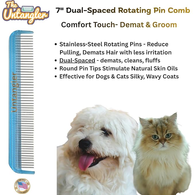 Cat Comb with silky smooth rotating teeth, 7 inch, Sky Blue