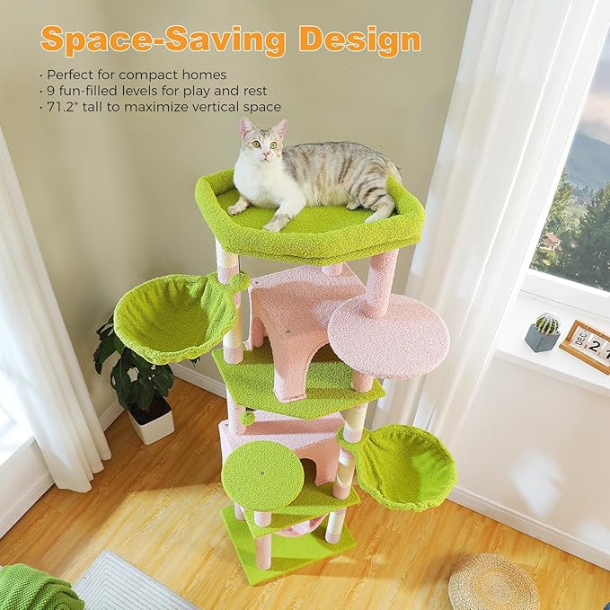 MUTTROS 71.2" Large Cat Tree for Multi-Cat Households - Heavy-Duty 9-Level Cat Tower w/5 Sisal Scratching Posts, 2 Condos, 3 Hammocks, Extra-Large Perch & Pompoms - Space-Saving, Pink