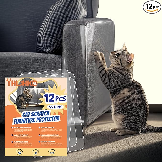 THLHKD Cat Scratch Furniture Protector: 12 Pcs Single Side Couch Protector from Cat Claws with 4 Holes, Easy to Stick & Fix, Furniture Protectors from Cats Scratching(12P+55 Pins)