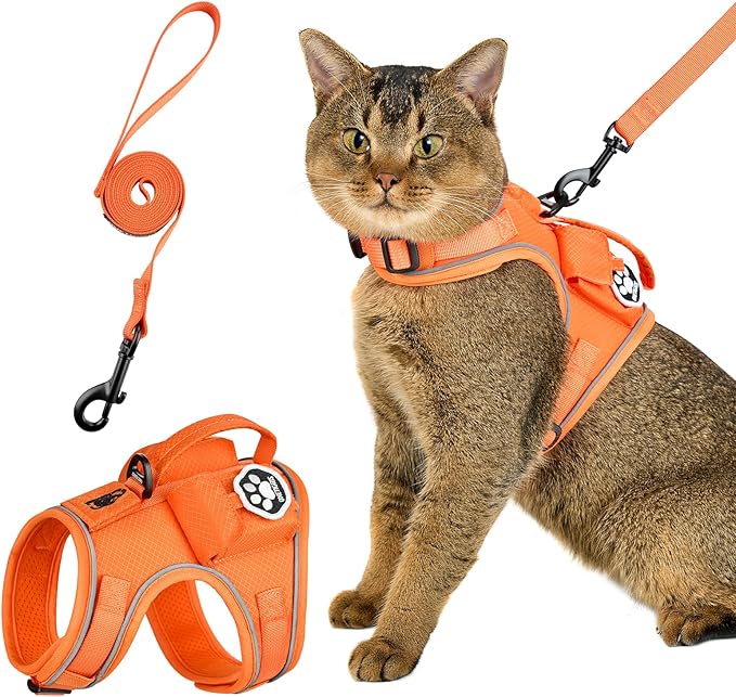 OneTigris Tactical Cat Harness and Leash - Escape Proof Soft Adjustable Cat Harness, Breathable, Comfortable, Durable Water-Resistant Vest with Reflective Strips and Pocket for Cat Tracker