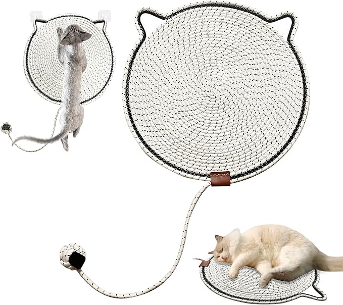 Cat Toy Scratcher Mat with Ball, 17" Size Natural Cotton Rope Dual Scratching Pad for Indoor Cats, Portable Furniture Protector for Wall, Carpets, Hand Washable (White, 17"*17")