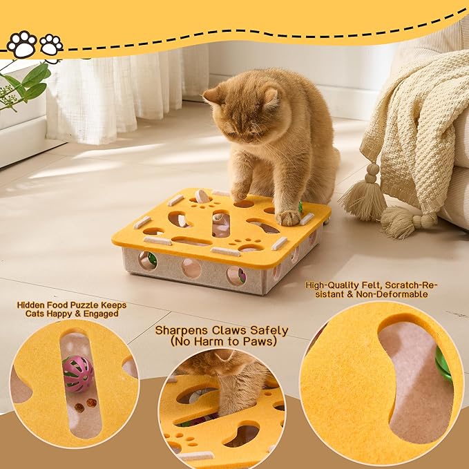 Interactive Cat Puzzle Feeder Toy - Felt Maze Box with 3 Jingle Balls for Indoor Cats, Kittens to Adults - Mental Stimulation, Slow Feeding & Fun Exercise Encourages Natural Hunting Instincts