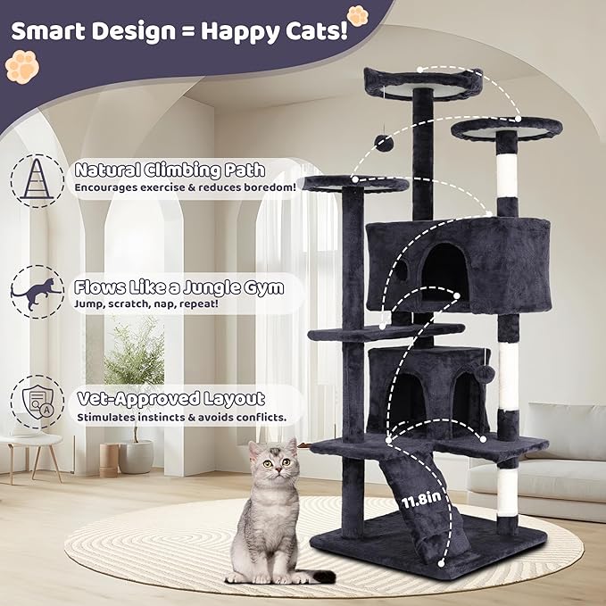 54 inch Cat Climbing Tower - Cat Tree with Jumping Platforms, Cat Condo & Play House for Indoor Cats - Modern Cat Furniture with Scratching Surfaces - Dark Gray