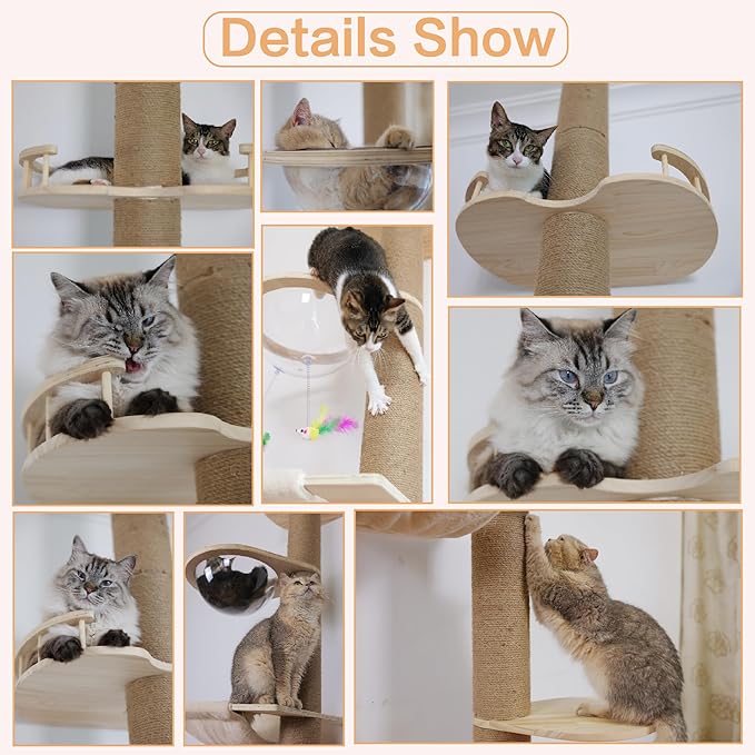 Floor to Ceiling Cat Tree Height (50-120.5in) Adjustable Cat Tower 5 Tier Hemp Scratching Post High Cat Tree Sturdy Activity Tree Indoor Outdoor Cat Scratching Post Activity Center