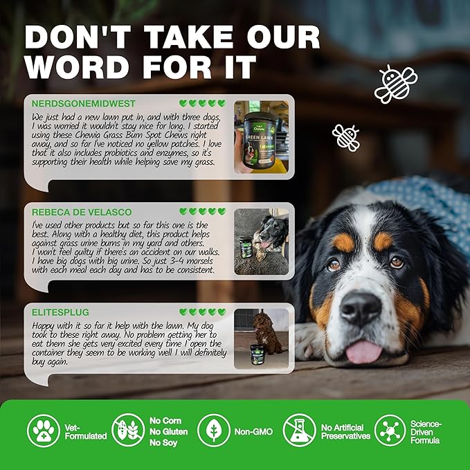 Grass Burn Spot Chews for Dogs - Urine Neutralizer for Lawn - Pee Lawn Spot Saver Caused by Urine - Probiotics, Enzymes & Multivitamins - Grass Saver Soft Treats for Canine Digestive and UTI Support