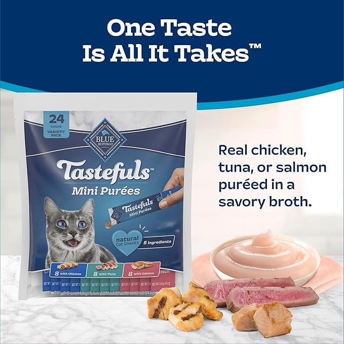 Blue Buffalo Tastefuls Mini Purées Natural Cat Treats, Chicken, Tuna, Salmon Variety Pack, 0.5 oz. Single Servings, 24-Count