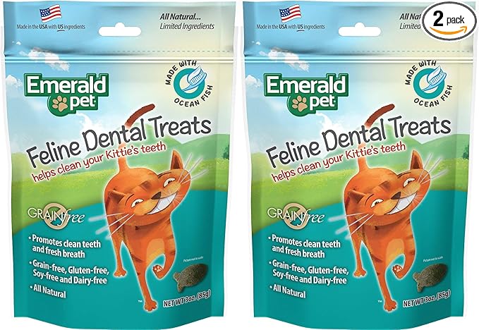 Emerald Pet 2 Pack of Feline Dental Treats for Cats, 3 Ounces Each, with Ocean Fish, Made in The USA