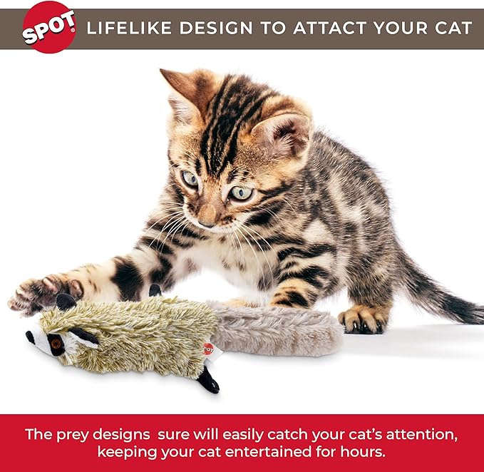 SPOT Flippin’ Skinneeez Raccoon Cat Toy with Catnip – Realistic Flopping Design, Touch-Activated Movement and Sounds, USB Rechargeable, Perfect for Indoor Cats, 15-Inch