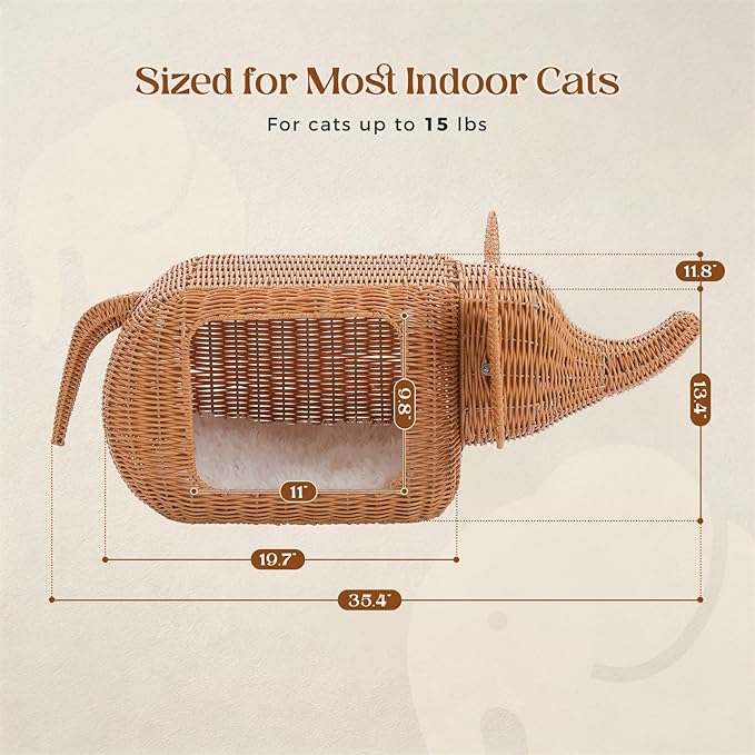 MUTTROS Elephant Rattan Cat Condo Bed for Indoor Cats, Handwoven Wicker Cat House with Thick Plush Cushion for Large Cat and Kitten, Sturdy Pet Hideaway for Small Dog Rabbits-35x12x13 Inches