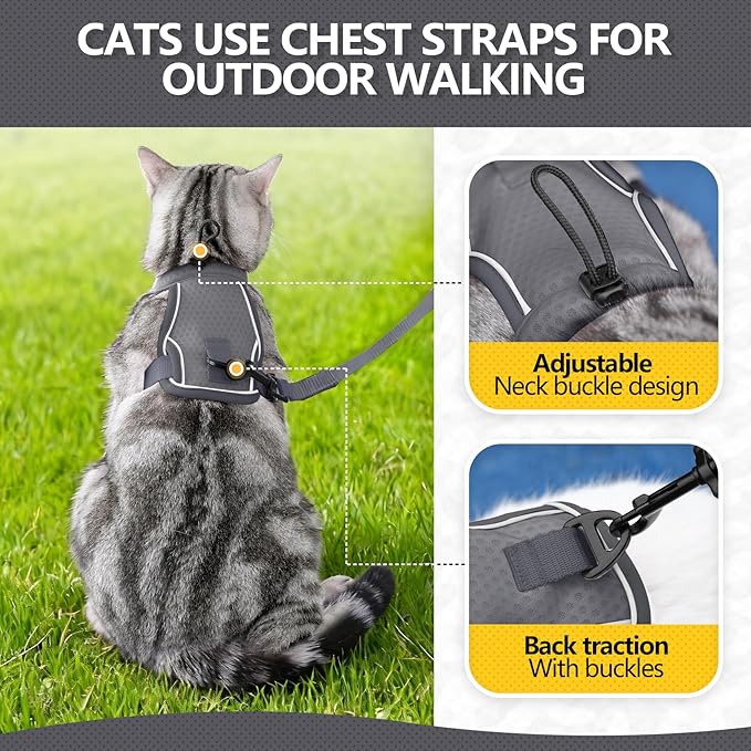 JOHNBOLIN Cat Harness and Leash Set - Escape Proof, Adjustable Breathable Vest Harnesses with Reflective Strips, Easy Control & Secure Walking for Small Medium Large Cats Kitten Collar (Grey, Small)