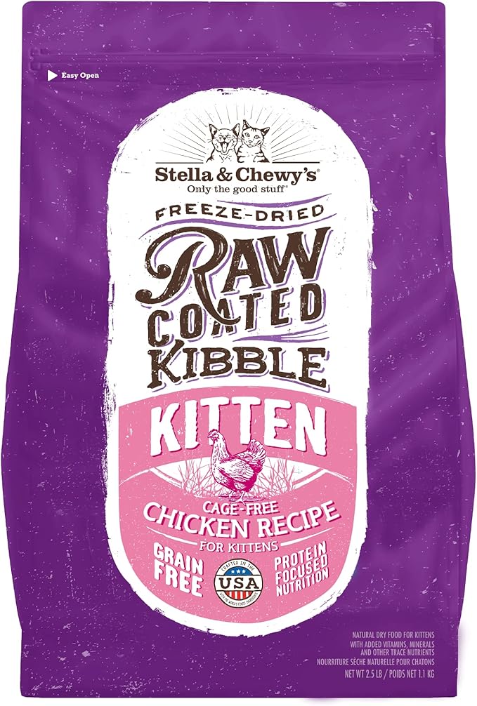 Stella & Chewy's Raw Coated Premium Kibble Cat & Kitten Food – Grain Free, Protein Rich Meals – Cage-Free Chicken for Kittens Recipe – 2.5 lb. Bag