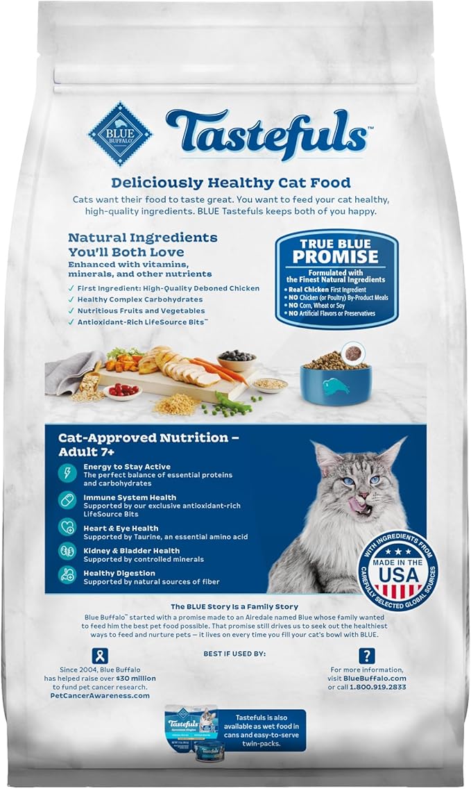 Blue Buffalo Tastefuls Natural Dry Food for Adult Cats 7+, Chicken & Brown Rice Recipe, 7-lb. Bag