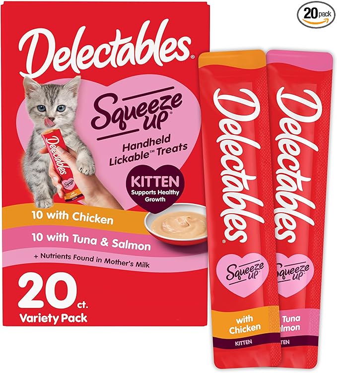 Delectables Squeeze Up Kitten Variety Pack, Creamy Squeezable Puree, Lickable Wet Cat Treats, Grain Free, No Added Fillers, No by-Products, No Added Preservatives, 0.5 Ounces Tube, 20 Tubes Total