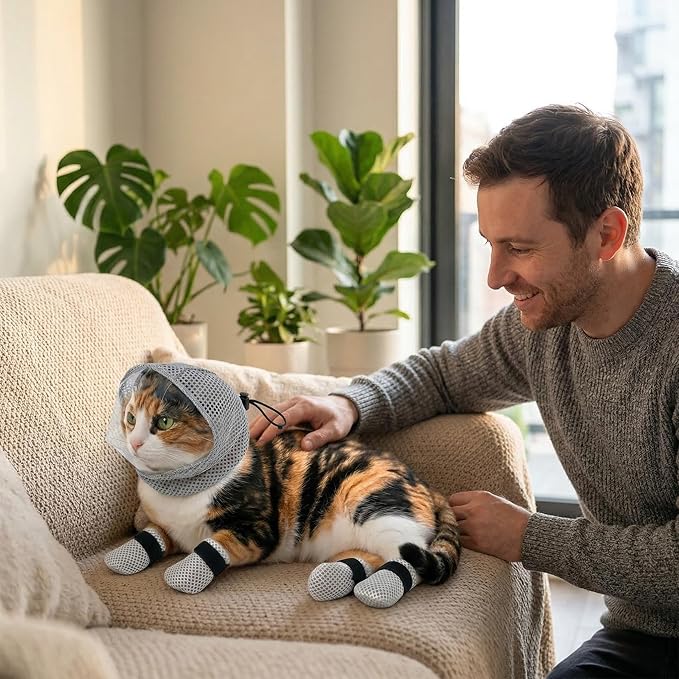Cat Muzzle - Adjustable Anti-Bite Head Cover, Breathable Cat Grooming Helmet Mask with 4 Anti-Scratch Claw Covers for Nail Trimming, Injections & Bathing