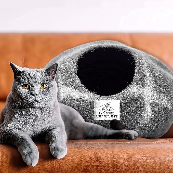 Woolygon Premium Felt Cat Cave Bed – Wool Kitty Beds Handcrafted Kitten Caves Bed for Indoor Cats - Made from Merino Wool, Foldable Cat Hideaway Covered Cat House Pod (Hide & Seek)