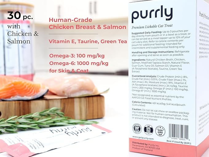 Purrly Low Calorie Premium Lickable Cat Treat Topper Healthy Chicken Variety Bundle (90 Count) Human-Grade Protein with Functional Nutrients Wet Squeeze Creamy Purée Grain-Free Non-GMO Low-Phosphorus