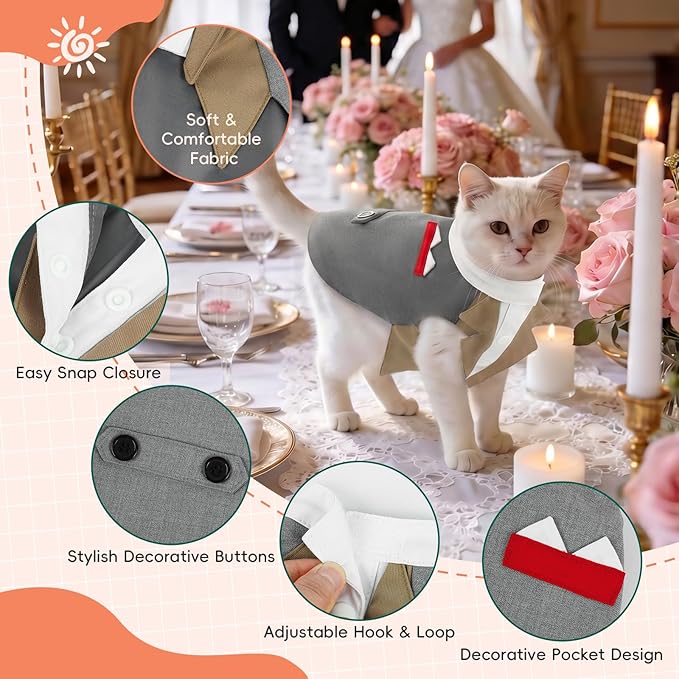 Grey Cat Tuxedo Suit, Sized for All Cats,Stylish Cat Tuxedo Outfit Formal Suit, Kitten Formal Attire Wedding Birthday Onesie Costume, Pet Fashion Apparel Fancy Clothes