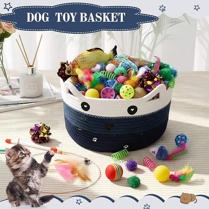 Zopeal 76 Pcs Graduation Cat Storage Basket Gift Toys Set Interactive Cat Toys Kitten Wand Colorful Flashing Balls Pet Crinkle Balls Attract Kitten to Swat, Hunt for Pet Indoor(Blue)