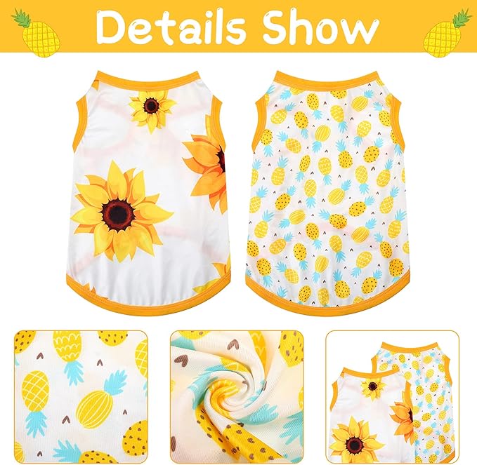 Frienda 4 Pieces Dog Clothes Set Include 2 Pcs Cute Pet Dress Lovely Dog Dress and 2 Pcs Breathable Pet T Shirt Puppy Clothes(Pineapple, Sunflower,Large)