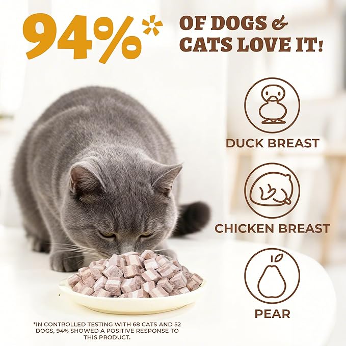 Wellix Freeze-Dried Treats for Dogs and Cats - Duck&Pear Natural Freeze Dried Cat Treats for Gut,Digestion Healthy - High-Protein Food Topper for Kittens Training Snacks 4.93oz