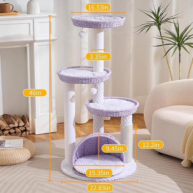 HITTITE Modern Cat Tree Tower with Scratching Post, 46 Inches Tall Cat Towers with Woven Cat Nests and Cave, Multi-Level Cat Tree With Removable Cushions and Massage Brush for Indoor Cats Large Adult.