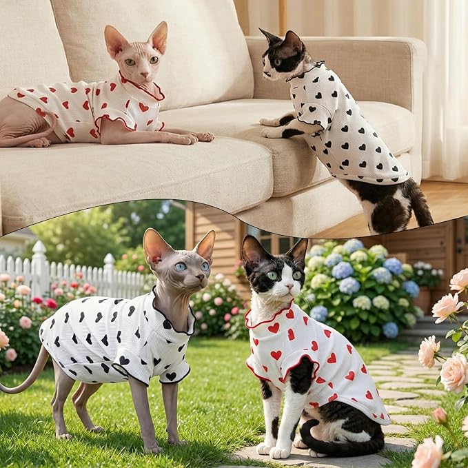 DENTRUN Heart Pattern Sphynx Hairless Cats Shirt, Kitten T-Shirts with Perlin Sleeves, Breathable Cat Wear Cute Sweater Adorable Hairless Cat's Clothes Vest Pajamas Jumpsuit