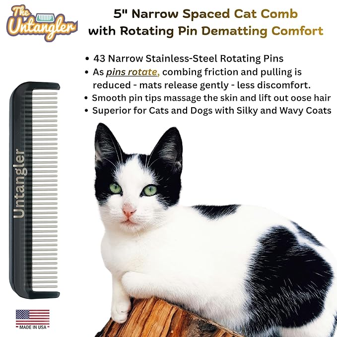Cat Comb with Silky Smooth Rotating Teeth - Clears Mats Gently and Easily (5" Ultra Fine Teeth; 7" Dual Teeth) (Black, 5")