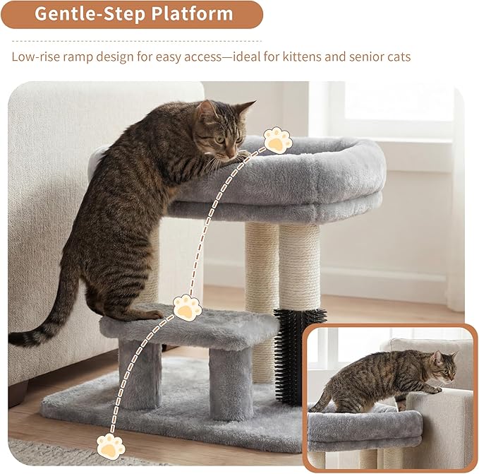 Heybly Cat Scratching Post, Small Cat Tree Tower with 3 Full Sisal Posts, Removable Plush Bed, Grooming Brush, Stable & Space-Saving Cat Furniture with Gentle Step for Indoor Cats, Light Gray HSP001SW