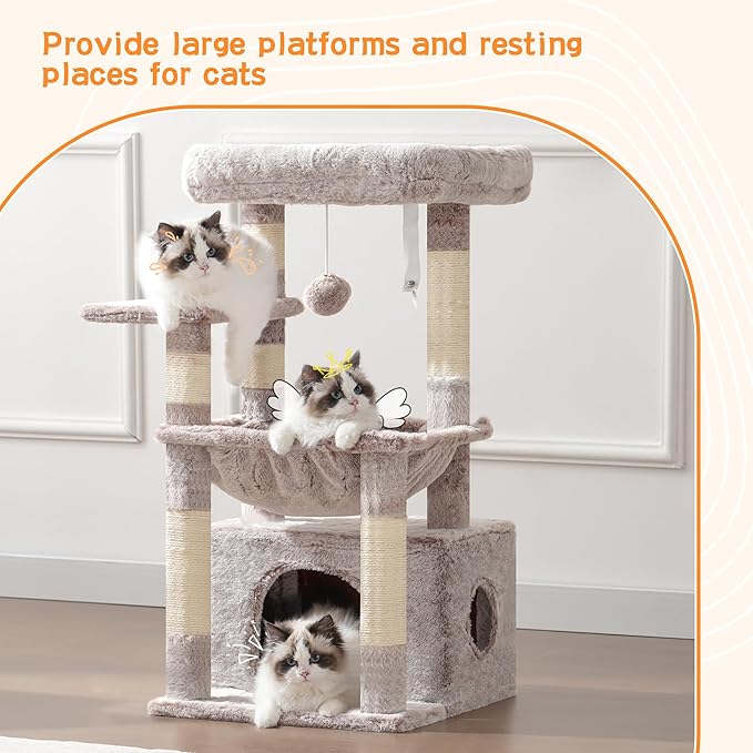 Heybly Cat Tree, Kitten Tower with Large Soft Cat Basket,Cat Condo with Spacious Cat Bed Cave with Hidden Space，Sisal-Covered Scratching Posts,Dangling Ball for Indoor Cats, Muchroom HCT008SMU