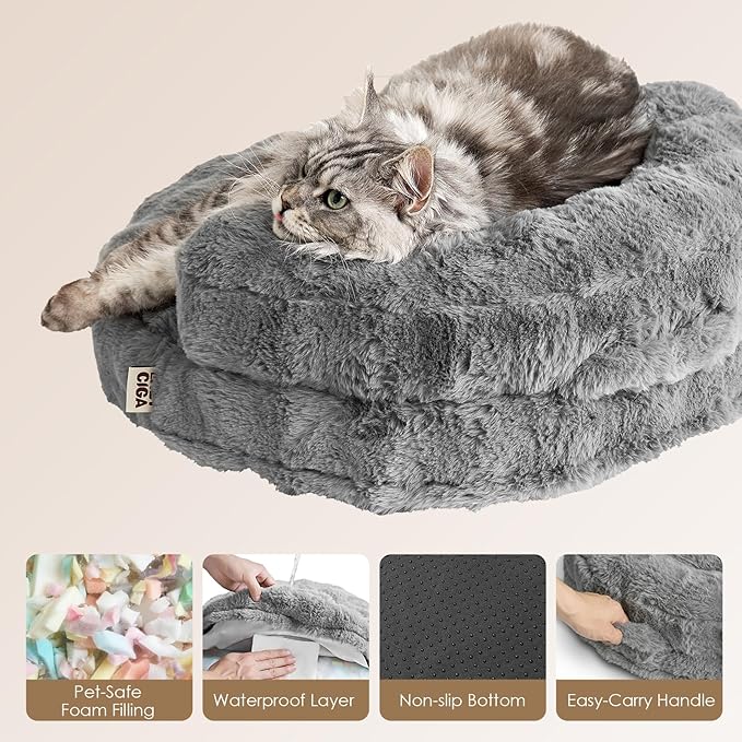EHEYCIGA Soft Cat Couch Bed for Indoor Cats, Fluffy Small Dog Bed with Removable Washable Cover, Bolster Pet Sofa, Waterproof and Non-Slip, 23" x 23"x 7", Grey