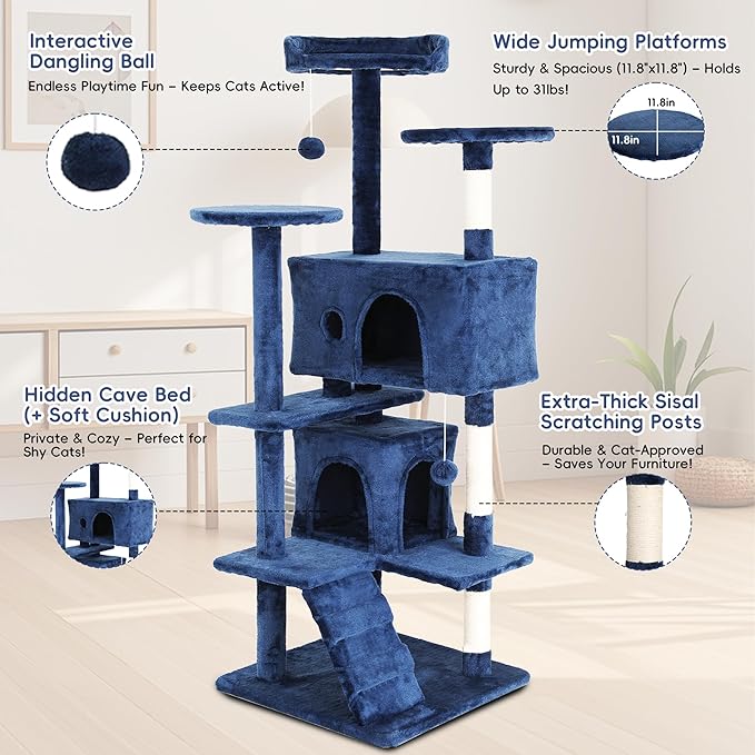 54" Cat Tree for Indoor Cats - Multi-Level Cat Tree Tower with Cat Scratching Post, Perches, Plush Toys & Cozy Hideaways - Cat Tower Makes Perfect Pet Gift - Navy Blue