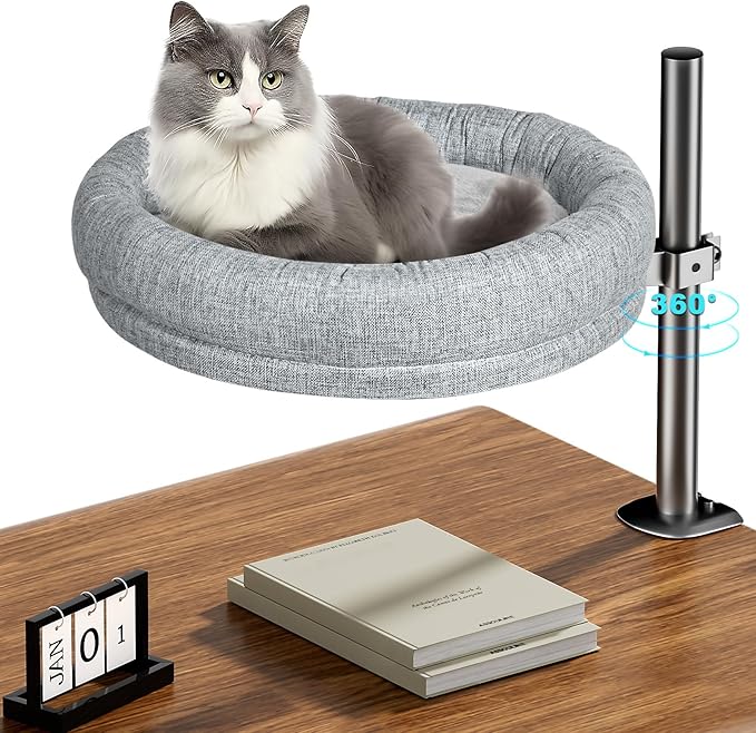 Cuipingoo Cat Desk Bed - 360° Rotating & Adjustable, Supports 40 lbs, Soft Faux Fur with Dual-Sided Reversible Mat, Modern Indoor Cat Nest Furniture for Office Desks and Game Tables, Island Table