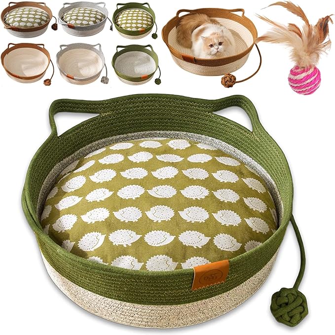 Cat Toy Baskets for Indoor Cats, Cotton Rope Woven Cat Basket Bed, Ergonomic Design with Cat Ear Handles & Interactive Teaser Ball, Soft, Breathable, Scratch-Resistant (Green with mat,S)