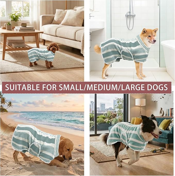 Fast Drying Dog Bath Robe, Super Absorbent Stripes Dogs Towel, Adjustable Warm Keeping Pet Puppy Bath Supplies (Green, S)