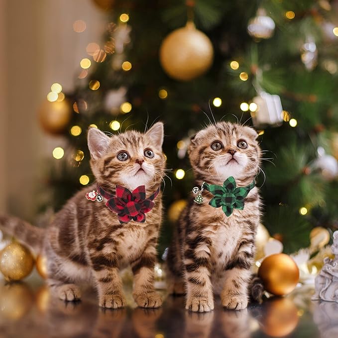 ADOGGYGO Christmas Cat Collars with Flower Bell, 2 Pack Breakaway Cat Christmas Collar with Removable Floral, Red Green Plaid Flower Collars for Cats (Red&Green-2)
