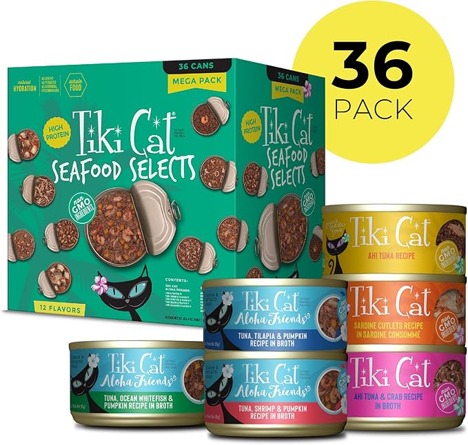Tiki Cat Wet Cat Food Mega Pack, Seafood Selects Variety Pack, 2.8/3 oz. Cans (36 Count)