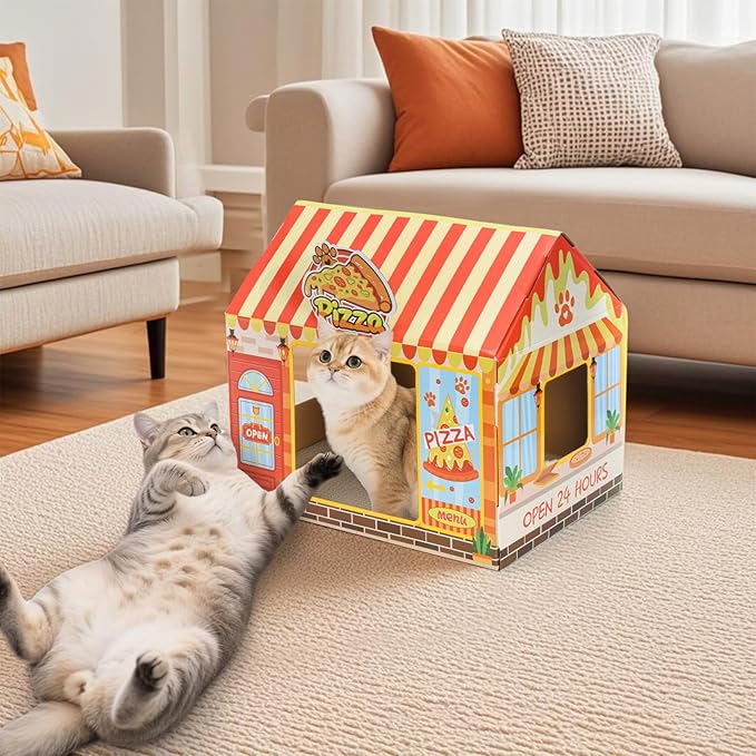 Tlence 2 Pack Cardboard Cat Houses with Scratcher, 16.5''x12.25''x15'' Cat Hideaway Playhouse, Kitty Scratching Beds for Indoor Cats, Pizza Shop Cat Furniture Condo Cave Tent for Bunny Small Animals