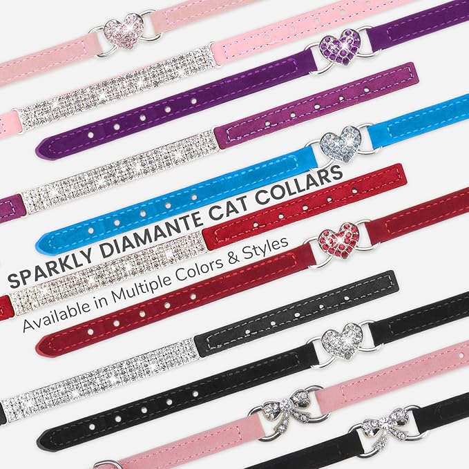 BINGPET Diamond Cat Collar,Adjustable Soft Velvet Leather Safe Kitten Collar with Crystal Heart Charm and Bells,Girl Boy Bling Stylish Cat Collars with Safety Elastic (Blue, Neck Girth 8"-10")