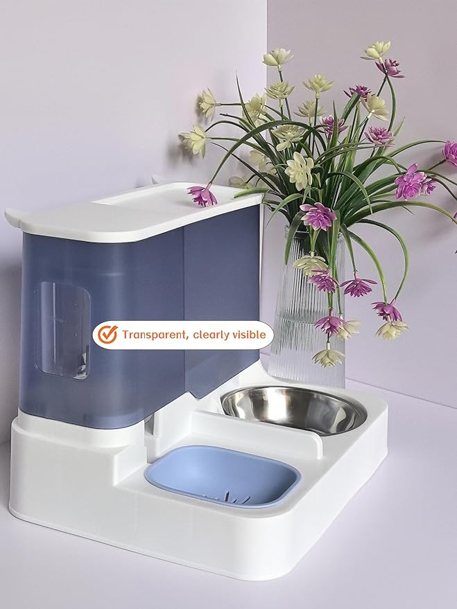 2-in-1 Automatic Pet Feeder and Water Dispenser, Stainless Steel Smart Food Water Bowl for Cats and Dogs, for Home Use (Sky Blue)