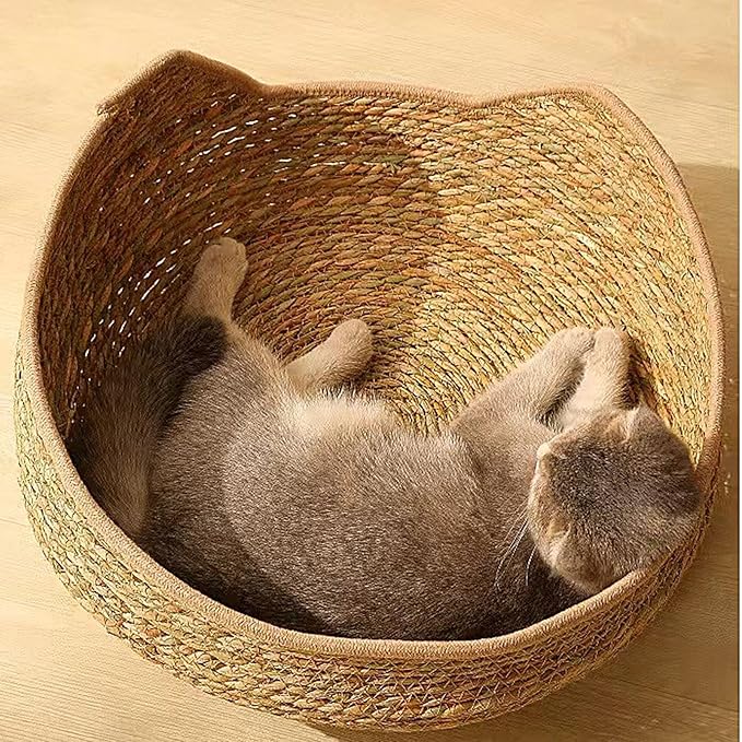 Cat Bed Woven Nest with Soft Cushion Pillow, All Season Pet Sleeping Basket for Kitten Puppy Dog, Round Cat House Resting Scratching Furniture Indoor