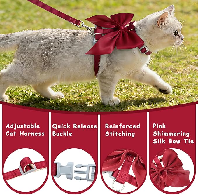 Tensho Red Bow Cat Harness and Leash Set Escape Proof, Adjustable Kitten Harness with Leash, Bow Tie Cat Harness for Walking Outdoor - Soft Lightweight Harness for Small Dogs Cats Rabbits (M)