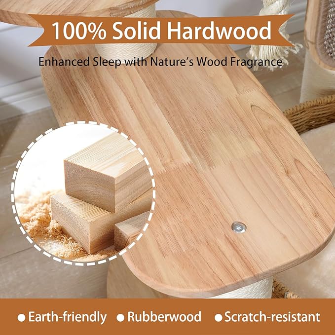 Wooden Cat Tree for Large Cat, 49.6IN Tall Cat Tower with Scratching Post for Indoor Cats, Multi-Level Cat Condo with Hand-Woven Cat Bed and Scratching Board Easy to Clean
