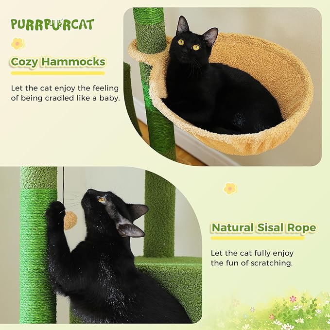 74.8" Cactus Cat Tree with Anti-Toppling Kit, Stable Multi-Level Cat Tower with Dual Condos, Sisal Scratching Posts & Deep Hammock, Large Cat Furniture for Multi-Cat Household, Grey