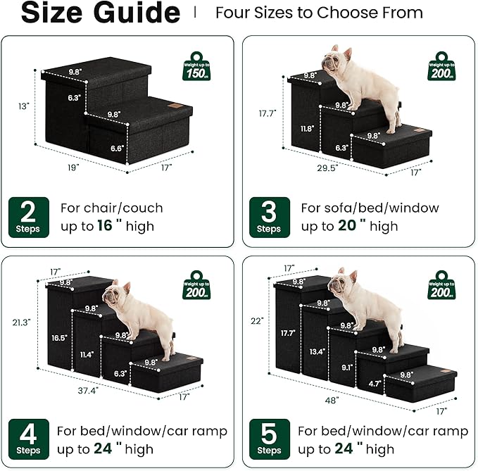 Love's cabin Dog Stairs with Storage, 3 Steps Wider Dog Steps for High Bed 18" H, Foldable Pet Stairs for Small Medium Large Dogs Cats for Bed Couch Car, Ramp with Zip up to 200 lbs, Black