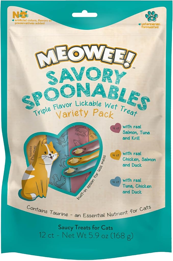 MEOWEE! Savory Spoonables Variety Pack, 12 Count Tube, Triple Flavor Squeezable Lickable Wet Treats for Cats with Built-in Spoon for Less Mess