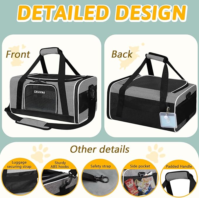Petskd Pet Carrier 18x13x9.5 Southwest Airline Approved,Pet Travel Carrier Bag for Small Cats and Dogs, Soft Dog Carrier for 1-15 LBS Pets,Dog Cat Carrier with Safety Lock Zipper (Grey)