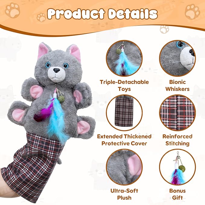 Homrich Cat Wrestling Glove Toy - Interactive Scratch-Resistant Cats Puppet Wrestler with Catnip, Thickened Sleeve for Pet Safe Fun Play