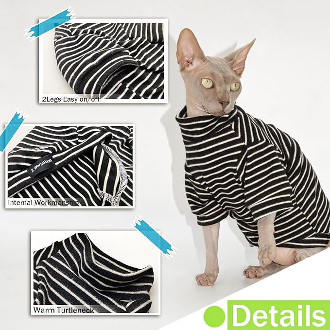 Sphynx Cat Sweater Hairless Cat Clothes Sweater Shirt Soft Warm Long Sleeves Pullover Pet Clothes Pajamas Dog Cloth for Small Dogs Jumpsuit Pet Sweaters (B&W Striped, Large)
