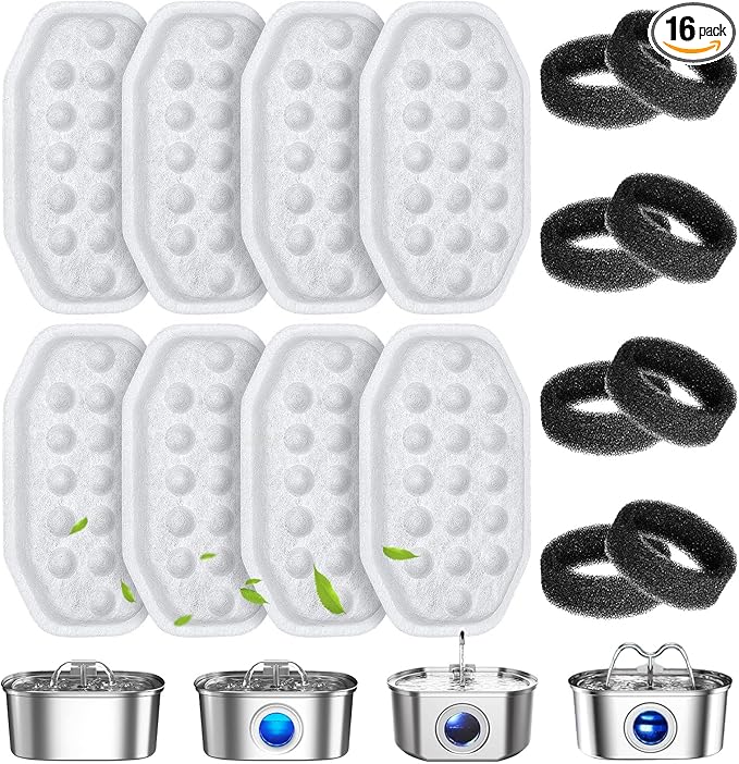 16 Pcs Cat Water Fountain Filters Replacement & Pre-Filter Sponges for 108oz/3.2 Stainless Steel Pet Water Fountain with Water Level Window