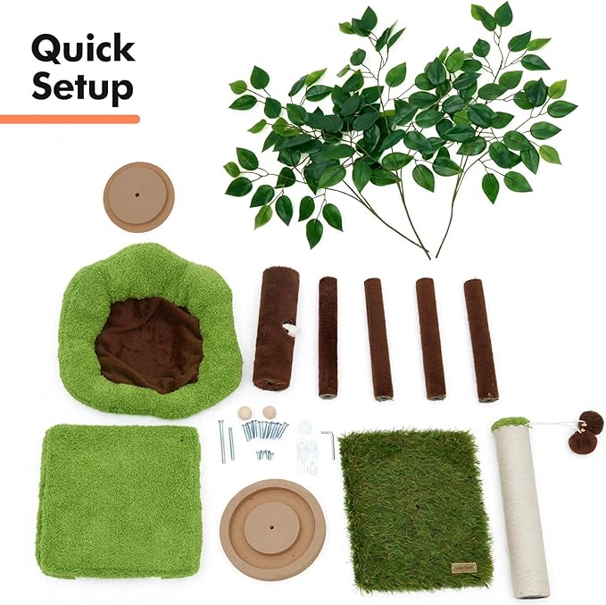 Woochpet Small Cat Tree with Scratching Post and Ball Track, Green Cat Tower with Lifelike Leaves for Kittens and Small Cats, 2-Door Cat Condo and Interactive Cat Toys for Indoor Cats